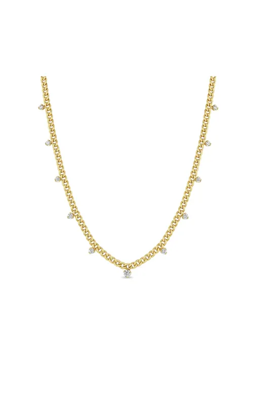 14K Yellow Gold Round Diamond Station Curb Link Chain Necklace
