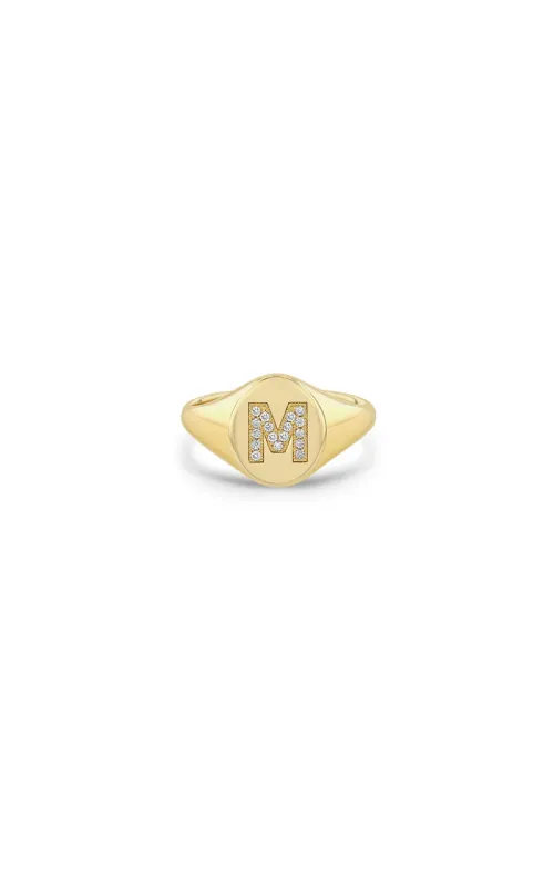 14K Yellow Gold Round Diamond M Signet Ring