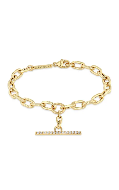 14K Yellow Gold Round Diamond Pave Toggle Diamond Oval Link Chain Bracelet